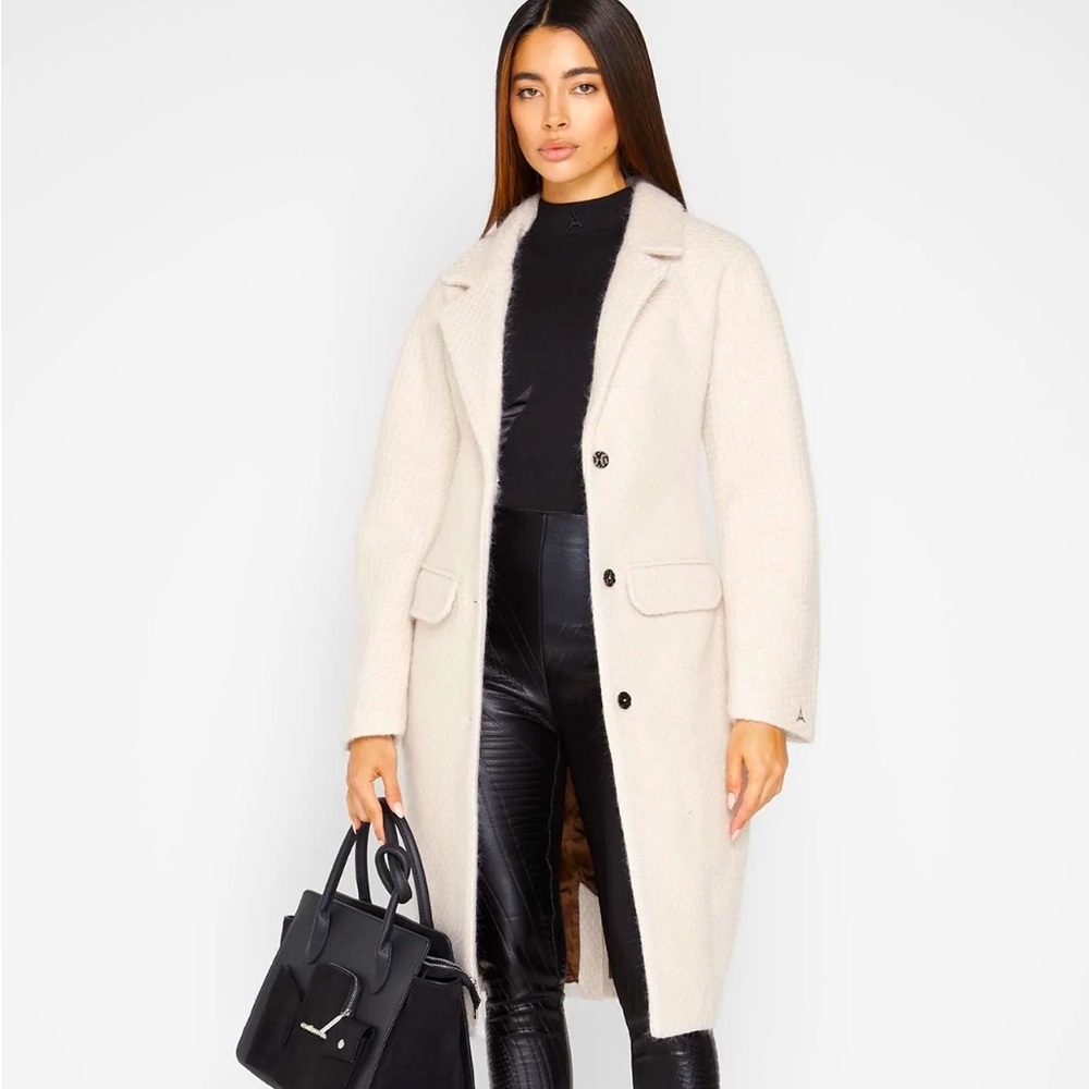 Cinched waist knit coat in beige from Maniere De Voir in a size 6